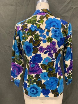 Womens, Jacket, H BAR C, Off White, Blue, Lt Blue, Olive Green, Magenta Purple, Cotton, Floral, B 36, Snap Front, Collar Attached, Long Sleeves, Western Back Yoke,