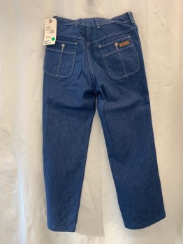 Mens, Jeans, SPORT-ABOUTS, Denim Blue, Cotton, Solid, Ins:28, W:3, Medium Blue Denim, Tan Top Stitching, Bootcut, 4 Pockets, Zip Fly