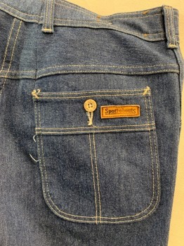 Mens, Jeans, SPORT-ABOUTS, Denim Blue, Cotton, Solid, Ins:28, W:3, Medium Blue Denim, Tan Top Stitching, Bootcut, 4 Pockets, Zip Fly
