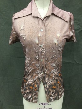 N/L, Mauve Pink, Black, White, Orange, Polyester, Floral, Ombre, Button Front, Collar Attached, Short Sleeves, Speckled on Top to Floral Bottom