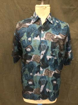 IN PRIVATE, Blue, Black, Gray, Lt Blue, Silk, Abstract , Swirling Blobs with Hieroglyphic Type Characters in Between, Button Front, Collar Attached, Short Sleeves, 1 Pocket