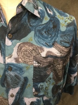 IN PRIVATE, Blue, Black, Gray, Lt Blue, Silk, Abstract , Swirling Blobs with Hieroglyphic Type Characters in Between, Button Front, Collar Attached, Short Sleeves, 1 Pocket