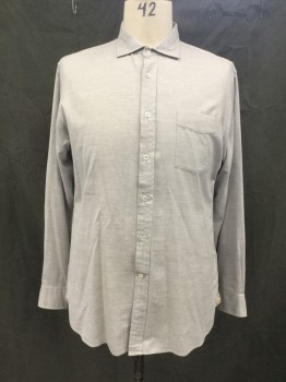 FACONNABLE, Lt Gray, Cotton, Solid, Herringbone, Button Front, Collar Attached, Long Sleeves, Button Cuff, 1 Pocket, Self Elbow Patch