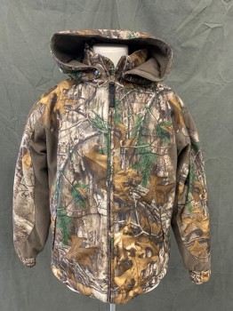 ROCKY, Forest Green, Green, Tan Brown, Lt Brown, Polyester, Camouflage, Zip Front, Stand Collar, Long Sleeves, Drawstring Waist, Elastic Snap Tab Cuff, Solid Brown Under Sleeve Panels, Zip Detachable Hood
