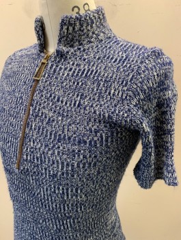 HOUSE OF KNITS, Navy Blue, White, Acrylic, Speckled, 2 Color Weave, Rib Knit, Pullover, Short Sleeves, Mock Neck, Gold Zipper at Neck with Chunky Rectangular Zipper Pull, Late 1960's