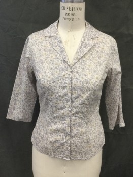 Womens, Blouse, MTO, White, Gray, Tan Brown, Cotton, Floral, S, B 34, Button Front, Collar Attached, Notched Lapel, 3/4 Sleeve