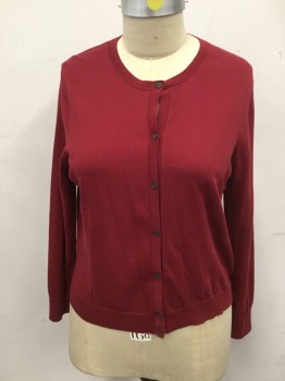 Womens, Sweater, LOFT, Red, Cotton, Solid, XL, Button Front, Crew Neck, Long Sleeves, Ribbed Knit Neck/Waistband/Cuff