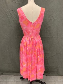 FRANCIS GALE, Pink, Lt Pink, Lt Orange, Synthetic, Abstract , Scoop Neck, Sleeveless, Gathered Skirt with Piping, Zip Back,