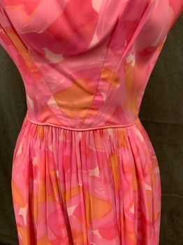 FRANCIS GALE, Pink, Lt Pink, Lt Orange, Synthetic, Abstract , Scoop Neck, Sleeveless, Gathered Skirt with Piping, Zip Back,