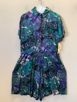Womens, Romper, S ROBERTS, Green, Blue, Black, Purple, Rayon, Floral, Abstract , M, Button Front, Collar Attached, 1 Pocket, Short Sleeves, Pleated Waist, 2 Pockets,
