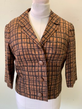 Womens, 1960s Vintage, Suit, Jacket, ANNIE COUTURE, Brown, Black, Silk, Geometric, B:38, Jacket/Blazer, Painterly Rectangles Print, 3/4 Sleeves, 3 Large Brown Buttons, Notched Lapel, Boxy Fit, **Has Some Shoulder Burn/Fading