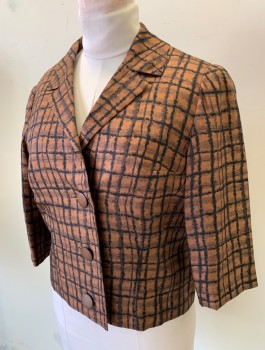 Womens, 1960s Vintage, Suit, Jacket, ANNIE COUTURE, Brown, Black, Silk, Geometric, B:38, Jacket/Blazer, Painterly Rectangles Print, 3/4 Sleeves, 3 Large Brown Buttons, Notched Lapel, Boxy Fit, **Has Some Shoulder Burn/Fading