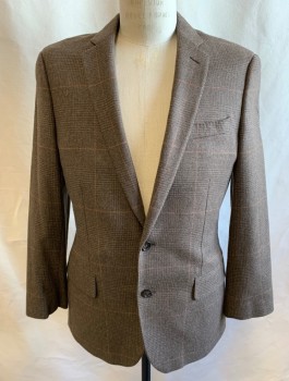 Mens, Sportcoat/Blazer, J CREW, Brown, Espresso Brown, Rust Orange, Wool, Nylon, Glen Plaid, Grid , 38S, Single Breasted, Notched Lapel, 2 Buttons, 3 Pockets, Has Been Taken in to Be Smaller