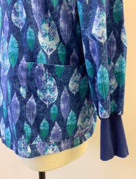 Unisex, Scrubs, Jacket Unisex, SCRUB ADVANTAGE, Midnight Blue, Teal Blue, White, Poly/Cotton, Leaves/Vines , XL, Long Sleeves, Snap Front, Scoop Neck, 2 Patch Pockets at Hips, Midnight Blue Rib Knit Cuffs, Multiples