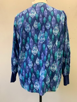 Unisex, Scrubs, Jacket Unisex, SCRUB ADVANTAGE, Midnight Blue, Teal Blue, White, Poly/Cotton, Leaves/Vines , XL, Long Sleeves, Snap Front, Scoop Neck, 2 Patch Pockets at Hips, Midnight Blue Rib Knit Cuffs, Multiples