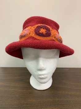 Womens, Hat , HEATHER ALLAN, Red, Orange, Plum Purple, Mauve Pink, Cotton, Circles, OS, Bucket Hat, Crochet,
