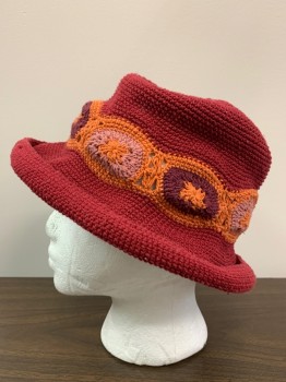 Womens, Hat , HEATHER ALLAN, Red, Orange, Plum Purple, Mauve Pink, Cotton, Circles, OS, Bucket Hat, Crochet,