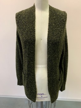 Womens, Cardigan Sweater, BP., Olive Green, Black, Wool, 2 Color Weave, S, Open Front, 2 Pockets