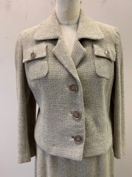 Womens, 1960s Vintage, Suit, Jacket, RICHARD KOLMER, Beige, Sage Green, Wool, Tweed, B: 36, Collar Attached, Single Breasted, Button Front, 2 Pockets,