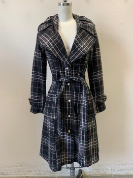 Womens, Coat, TH, Black, White, Purple, Pink, Green, Wool, Glen Plaid, S, Matching Belt, Wide Lapel, Pleated Collar, Flap with Silver Button Under Back of Collar,  Single Breasted, Button Front, Silver Buttons, 2 Pockets
