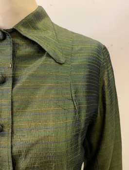 BOULMETIS ORIGINAL, Olive Green, Multi-color, Synthetic, Stripes, Peak C.A., Button Front, L/S, 2 Faux Pockets, Green, Yellow, Blue Stripes