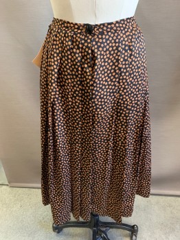 N/L, Black, Lt Brown, Polyester, Polka Dots, Pleated, Below Knee Length, Button at Back