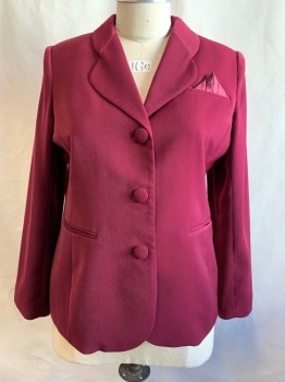 Womens, Suit, Jacket, DIVA'S COUTURE, Dk Red, Polyester, Solid, B 44, 16, W 34, Single Breasted, 3 Fabric Covered Buttons, Clover Collar, 3 Welt Pockets, Pleated Satin Faux Pocket Square