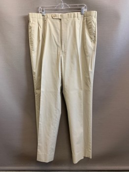 BROOKS BROTHERS, Beige, Cotton, Polyester, Solid, Pleated Front, Side Pockets, Zip Front, Belt Loops