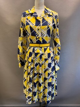Womens, 1970s Vintage, Dress, Anne Fogarty, Navy Blue, Yellow, White, Cotton, Geometric, W34, B36, L/S, Button Front, C.A., Sheer, Pleated Skirt