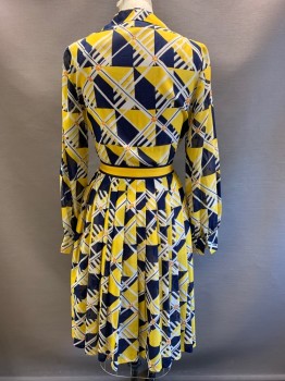 Womens, 1970s Vintage, Dress, Anne Fogarty, Navy Blue, Yellow, White, Cotton, Geometric, W34, B36, L/S, Button Front, C.A., Sheer, Pleated Skirt