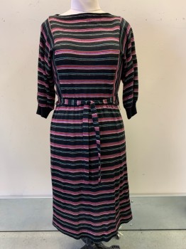 Womens, Dress, NO LABEL, Black, Red, Gold, Purple, Blue, Acrylic, Stripes, W30-34, B36, L/S, Scoop Neck, Elastic Waist Band, with Matching Belt