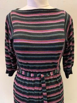 NO LABEL, Black, Red, Gold, Purple, Blue, Acrylic, Stripes, L/S, Scoop Neck, Elastic Waist Band, with Matching Belt
