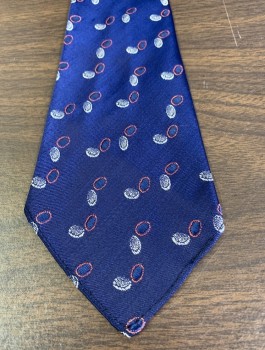 Mens, Tie, RESILIENT, Navy Blue, Red, White, Silk, Abstract , Circles, Brocade, No Lining, 3.5" Wide at Base, Four in Hand, in Excellent Condition