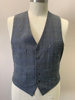 Mens, 1970s Vintage, Suit, Vest, NO LABEL, Black, White, Blue, Wool, Glen Plaid, 46R, V-N, Single Breasted, Button Front, 5 Buttons