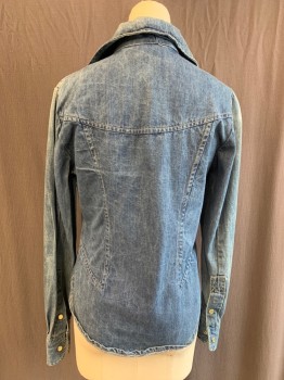 Womens, Shirt, FADED GLORY, Blue, Cotton, Faded, B36, L/S, Snap Front, 2 Welt Pockets At Bust, Long Collar,