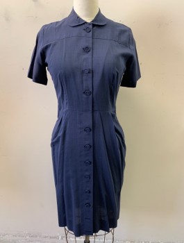 N/L, Navy Blue, Cotton, Solid, S/S, Shirtwaist with Self Fabric Covered Buttons, Peter Pan Collar, Straight Fit Through Hips, Bow in Back on Bum, Knee Length, Has Holes at Side Seams for Belt? Not Included