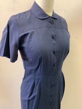 Womens, Dress, N/L, Navy Blue, Cotton, Solid, W:36, B:40, H:40, S/S, Shirtwaist with Self Fabric Covered Buttons, Peter Pan Collar, Straight Fit Through Hips, Bow in Back on Bum, Knee Length, Has Holes at Side Seams for Belt? Not Included