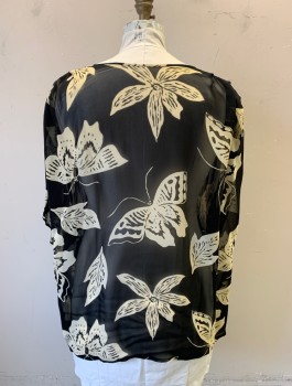 Womens, 1990s Vintage, Top, GIVENCHY EN PLUS, Black, Cream, Polyester, Novelty Pattern, Leaves/Vines , W 44, 3XL, Sheer Chiffon with Large Butterflies, Flowers and Leaves Pattern, Tunic Top with Dolman Short Sleeves, Scoop Neck with 1 Button Keyhole
