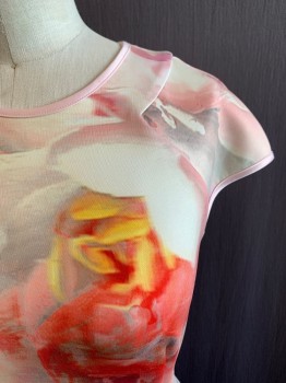 Womens, Dress, Short Sleeve, TED BAKER, Pink, Orange, Cream, Sage Green, Red, Polyester, Elastane, Floral, Abstract , B30, 0, W23, Short Sleeves, Zip Back, Round Neck, Abstract Roses/floral Print