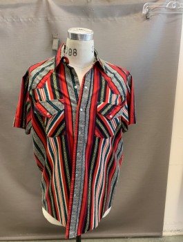 Mens, Western Shirt, ROAD RUNNER, Red, Black, Maroon Red, Turquoise Blue, Goldenrod Yellow, Cotton, Stripes - Vertical , L, S/S Western Yoke, 2 Pockets, Snap Front,