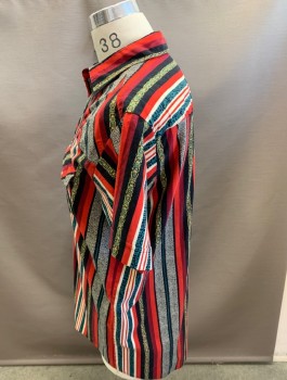 Mens, Western Shirt, ROAD RUNNER, Red, Black, Maroon Red, Turquoise Blue, Goldenrod Yellow, Cotton, Stripes - Vertical , L, S/S Western Yoke, 2 Pockets, Snap Front,