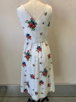 Leslie Fay, White, Red, Green, Blue, Cotton, Floral, Sleeveless, Detachable Back, Side Pockets, Back Zipper, Front Tie