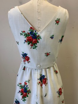 Leslie Fay, White, Red, Green, Blue, Cotton, Floral, Sleeveless, Detachable Back, Side Pockets, Back Zipper, Front Tie