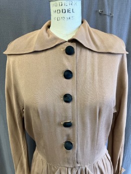 N/L, Lt Brown, Silk, Solid, Wing Collar, CF  Placket, With Black Velvet Btns,  Side Zip, L/S With Cuffs, 2 Front Pointed Flap Pkts