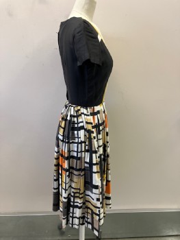 Womens, Dress, KABRO, Black, Yellow, White, Orange, Tan Brown, Cotton, Color Blocking, W22, B32, Round Neck,  S/S,  Abstract Multicolor, Pleats At Skirt, CB Hidden Zipper