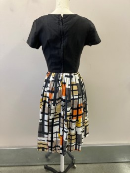 Womens, Dress, KABRO, Black, Yellow, White, Orange, Tan Brown, Cotton, Color Blocking, W22, B32, Round Neck,  S/S,  Abstract Multicolor, Pleats At Skirt, CB Hidden Zipper