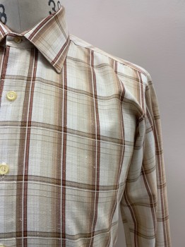 Mens, Casual Shirt, PIERRE ANDRE, Cream, Rust Orange, Multi-color, Poly/Cotton, Plaid, 33, 15.5, C.A., Button Front, L/S, Slubbed