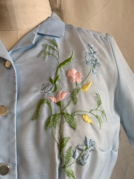 MTO, Cotton, Solid, Floral, C.A., Button Front, S/S, Sheer, Pleated Skirt, Light Pink, Light Blue, And Yellow Floral Embroidery At Left Bust, Matching Belt *Stains On Right Lower Hem And On Belt Buckle*