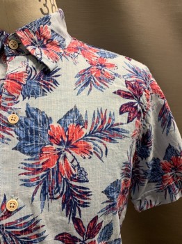 Mens, Hawaiian Shirt, IZOD, Lt Blue, Hot Pink, Cotton, Hawaiian Print, M, C.A., S/S, Dark Blue Outline And Details