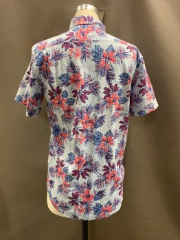 Mens, Hawaiian Shirt, IZOD, Lt Blue, Hot Pink, Cotton, Hawaiian Print, M, C.A., S/S, Dark Blue Outline And Details